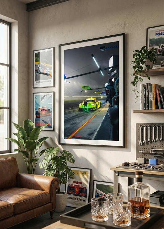 Living room with framed pictures, a brown leather sofa, and a bar cart with drinks and a porsche 911.