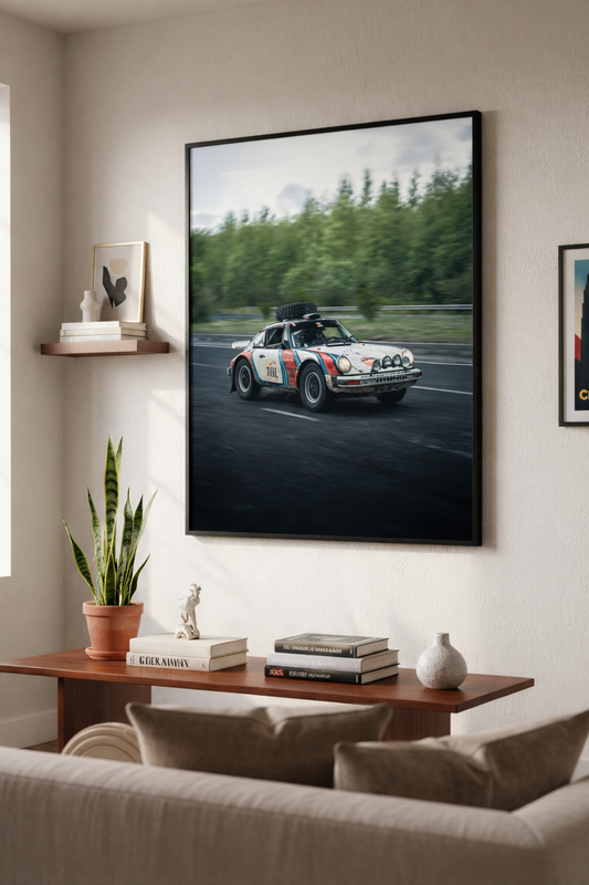Framed photograph of a vintage car, gravel roads, on a wall in a living room.