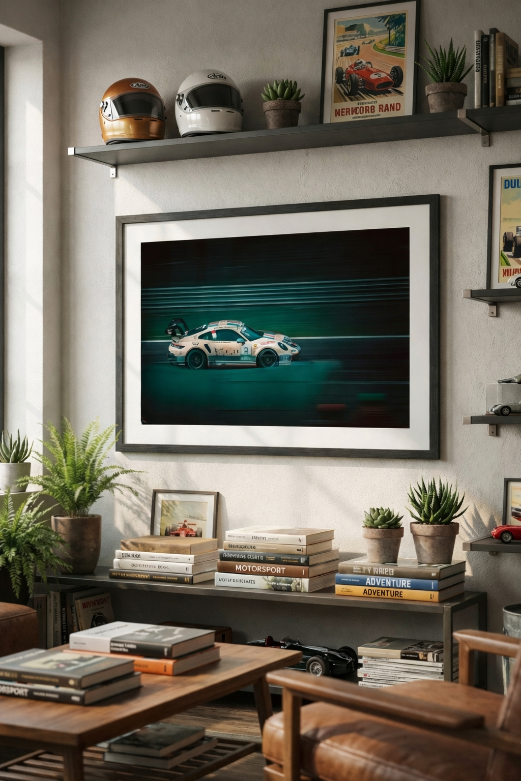 Framed artwork of a car on a wall in a room with decor elements.