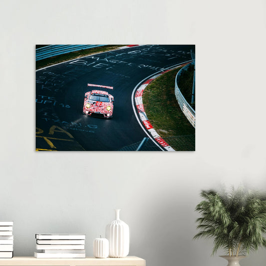 Car on a race track with a scenic background, displayed on a wall.