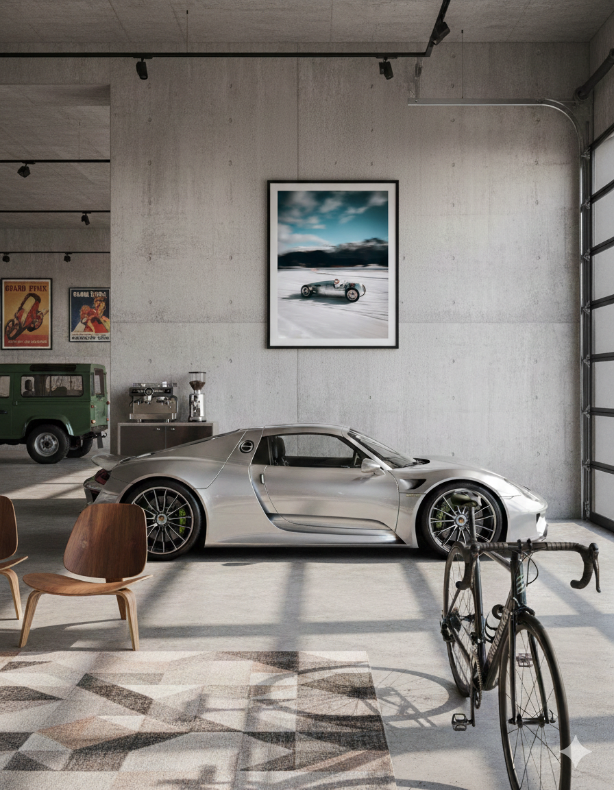 Modern interior with a sports car, bicycle, and framed picture on a concrete wall