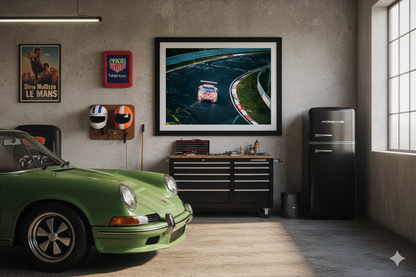 Posrche 911 on the nurburgring wall art in a garage interior decoratin